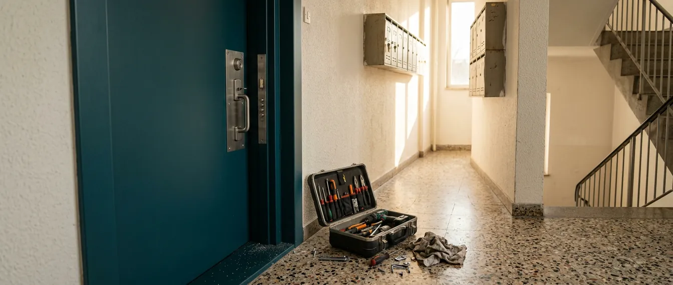 Puerta de piso recién blindada con escudo de seguridad en un rellano con buzones