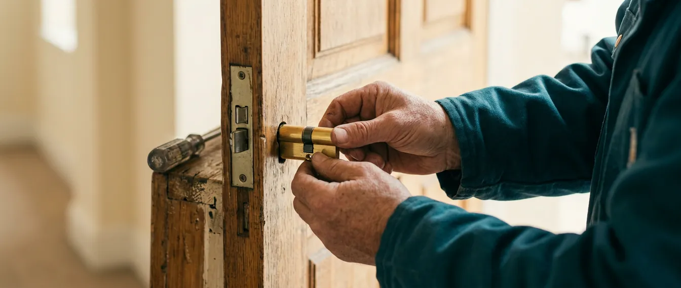 Manos de un cerrajero colocando un bombín de seguridad nuevo en una puerta de madera