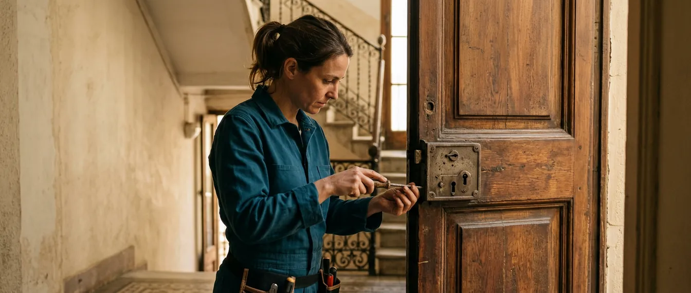 Cerrajera revisando una cerradura de sobreponer antigua en la puerta de madera de una finca