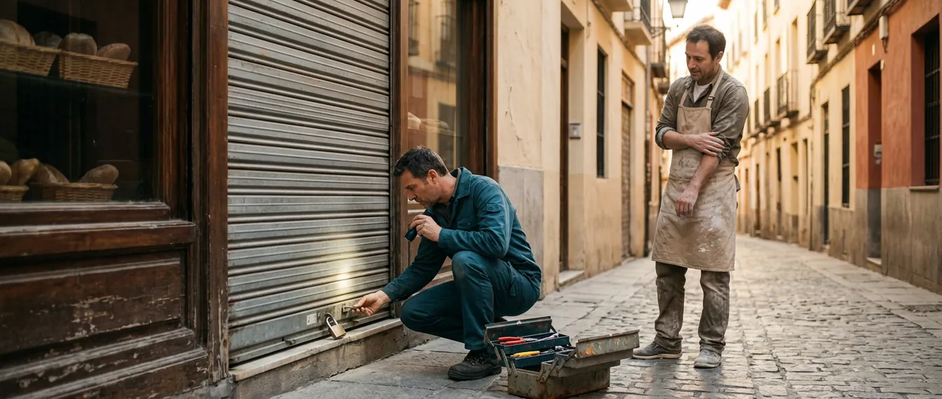 Cerrajero revisando el candado de la persiana metálica de un comercio de barrio a primera hora