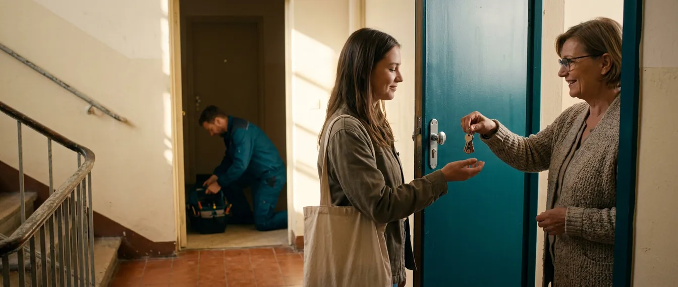 Propietaria entregando un juego de llaves nuevas a una inquilina en la puerta de un piso