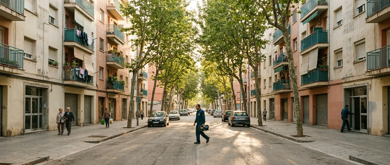 Bloques de viviendas de los años setenta separados por una avenida amplia con árboles