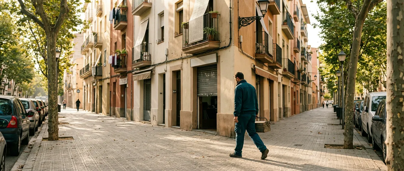 Avenida residencial de una ciudad del Vallès con bloques de pisos y comercios a pie de calle