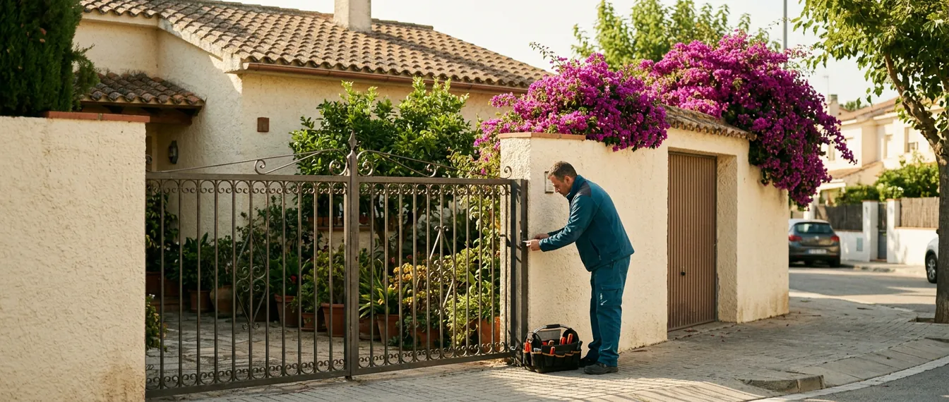 Casa unifamiliar con verja de jardín y puerta de garaje en un barrio residencial de Sabadell