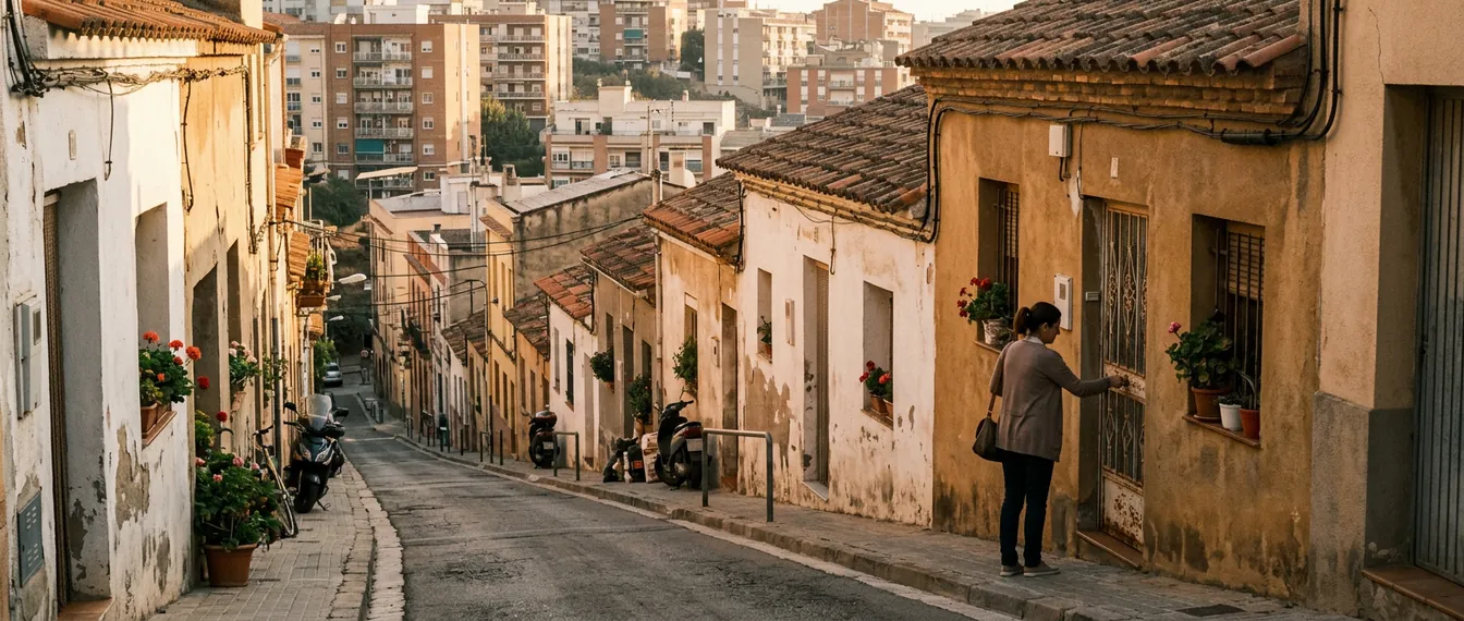 Calle en cuesta con casas pequeñas de planta baja en un barrio del nordeste de Sabadell