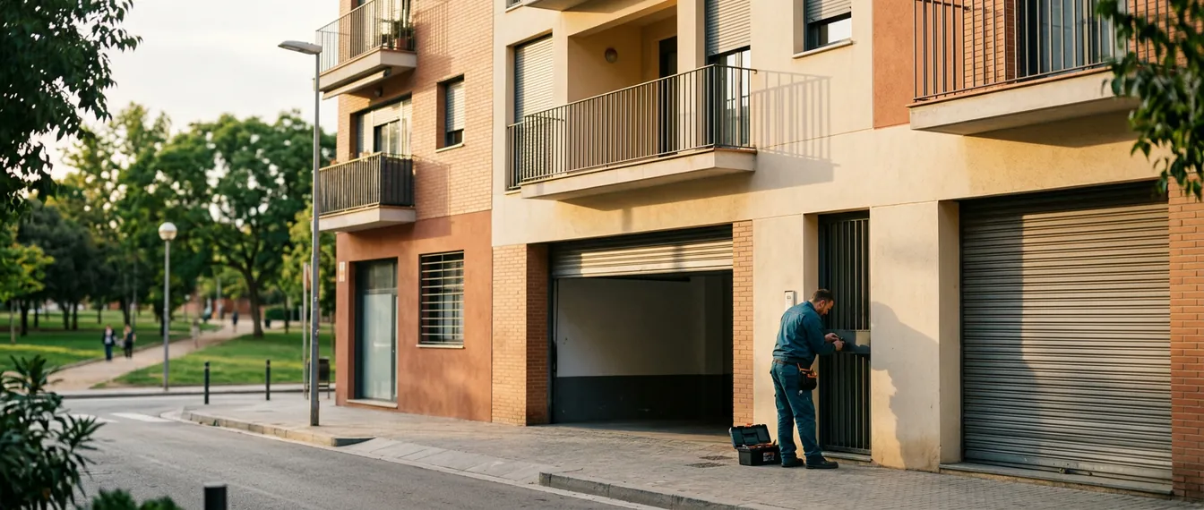 Edificio residencial moderno junto a un gran parque urbano con una puerta de garaje comunitario