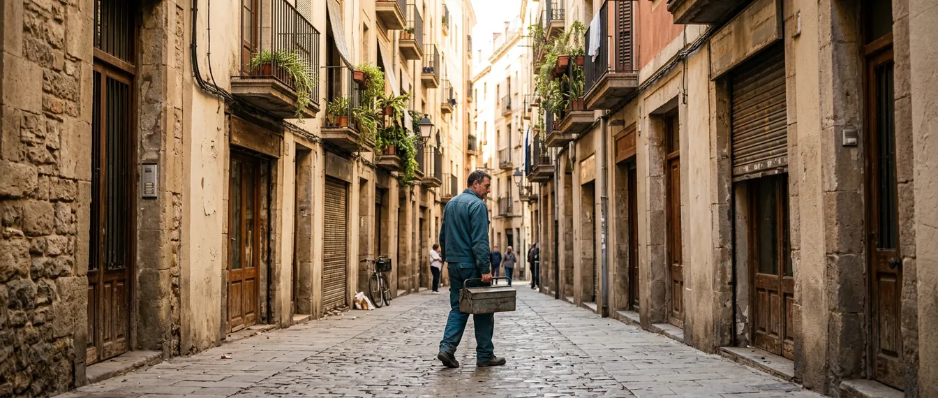 Calle peatonal del centro de Sabadell con fachadas antiguas y comercios de barrio