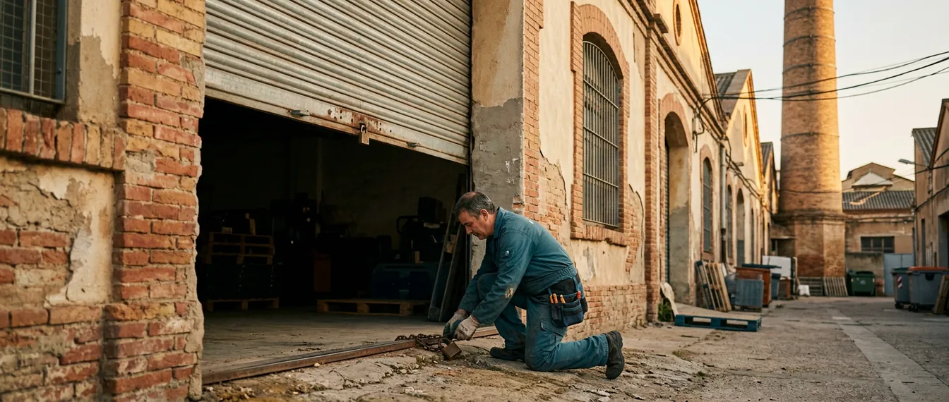 Nave industrial antigua de ladrillo con persiana metálica grande en una zona de Sabadell