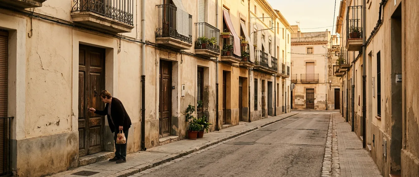 Calle de casas de planta y piso en un barrio obrero de Sabadell con puertas de madera