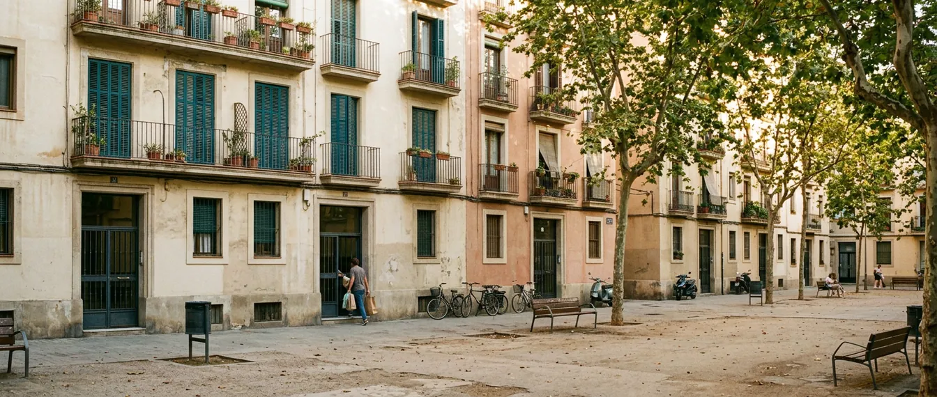 Bloques de viviendas de mediados del siglo XX en torno a una plaza arbolada de Sabadell