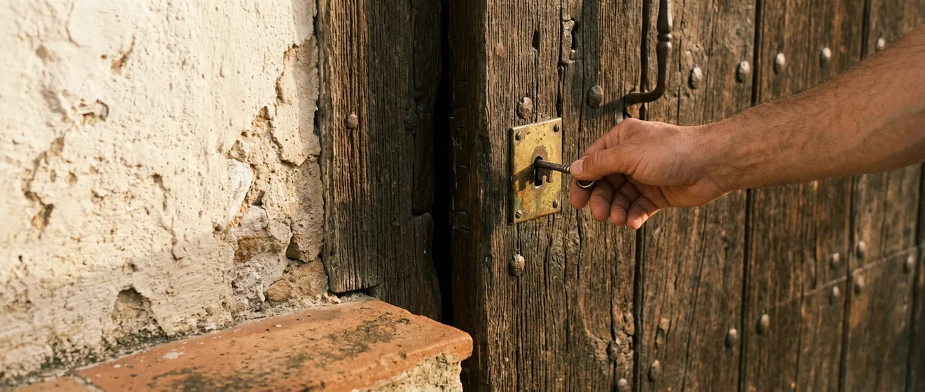 Puerta de madera antigua de una casa estrecha en una calle tradicional de Sabadell