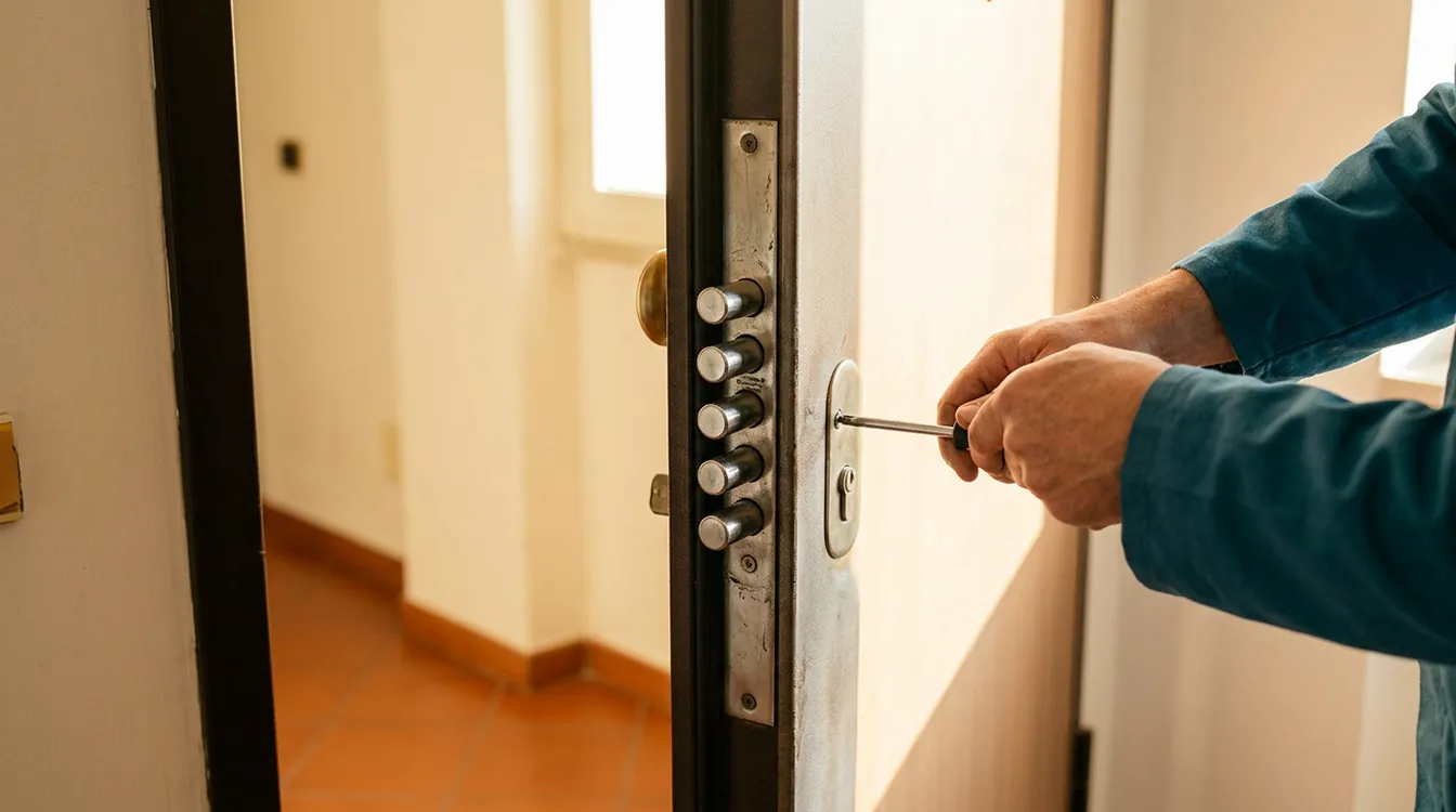 Canto de una puerta blindada abierta con varios pestillos de una cerradura multipunto a la vista