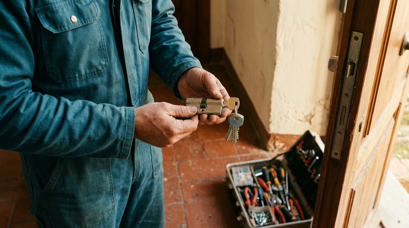 Manos de un cerrajero sosteniendo un bombín nuevo y un juego de llaves junto a una puerta abierta