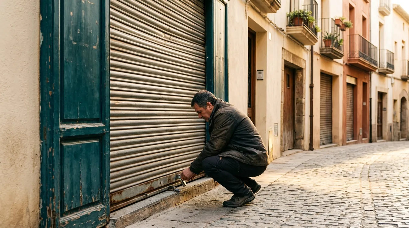 Dueño de un comercio de barrio agachado junto a la persiana metálica bajada de su local a primera hora