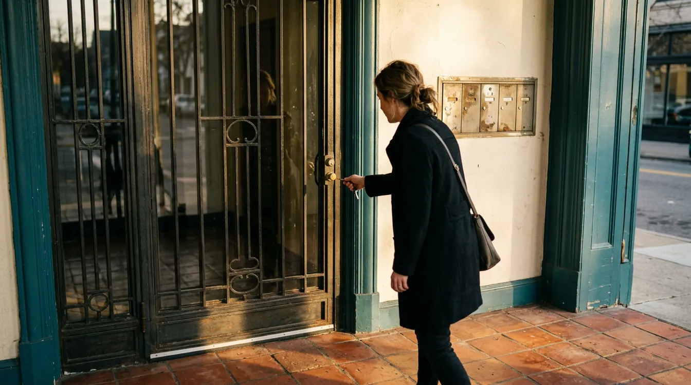 Vecina abriendo el portal de su edificio con una sola llave junto a los buzones metálicos
