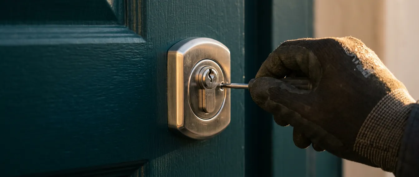Escudo de seguridad de acero recién colocado alrededor del bombín de una puerta de piso
