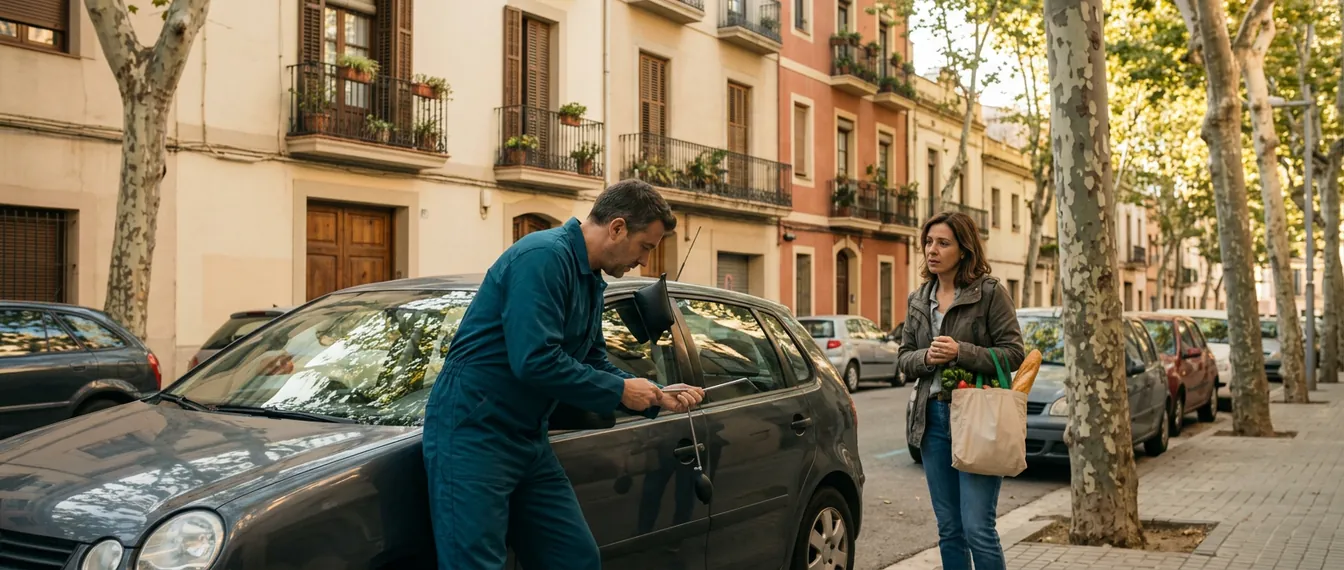 Cerrajero abriendo la puerta de un coche con una cuña hinchable en una calle tranquila